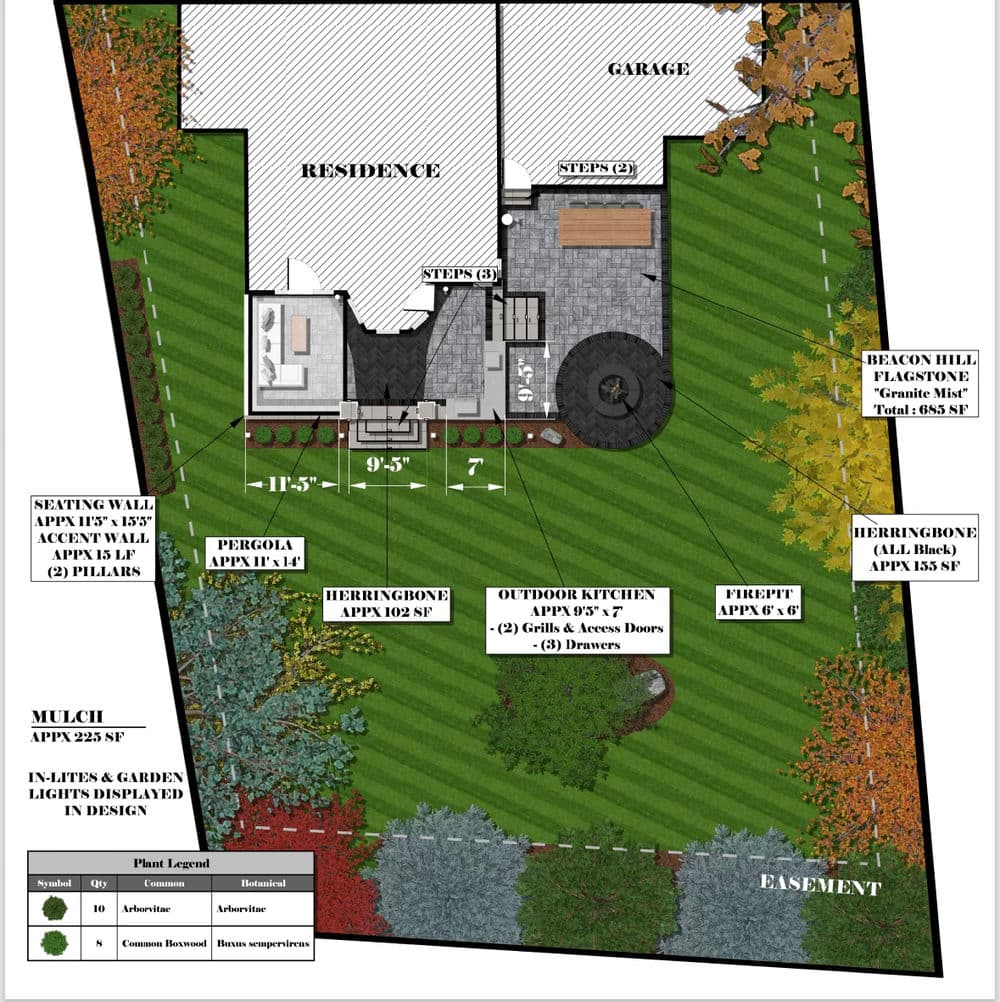 Landscape design plan with seating wall, pergola, outdoor kitchen, and garden layout.