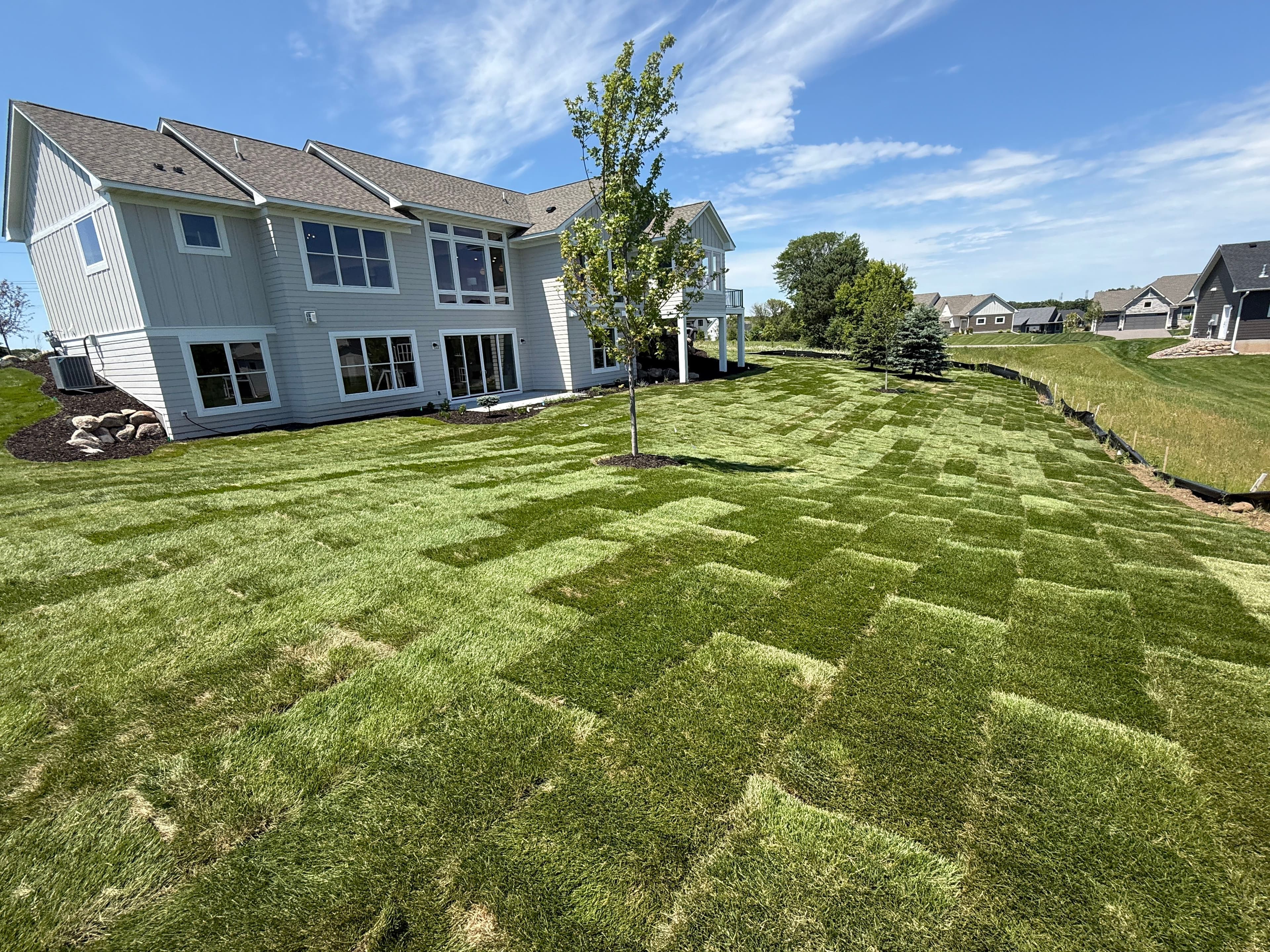 Newly sodded lawn with a modern home in the background and clear blue sky.