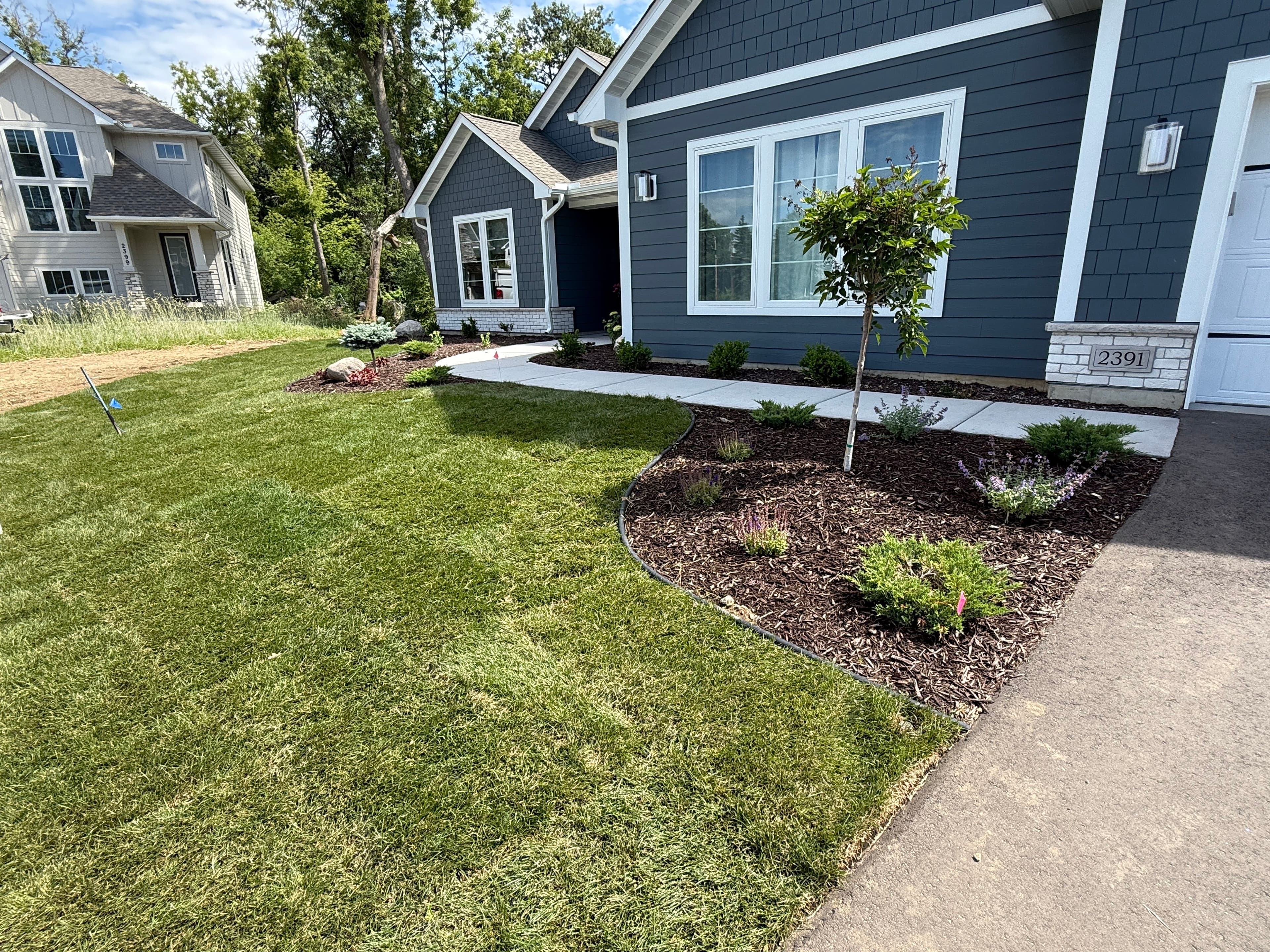 Newly landscaped front yard with fresh grass, flower beds, and a small tree near a modern home.