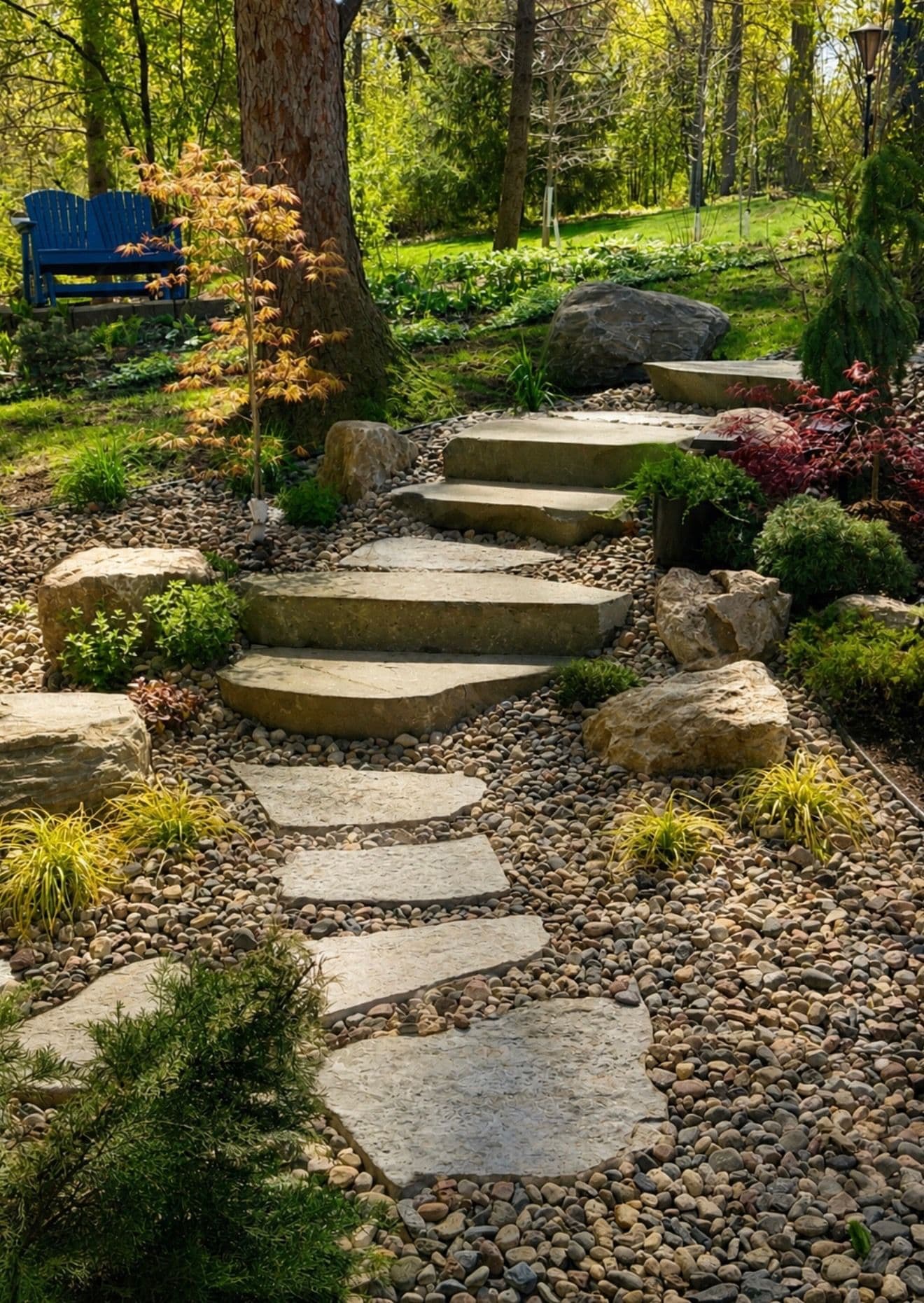 Stone pathway through a landscaped garden with rocks, plants, and a blue bench in the background.